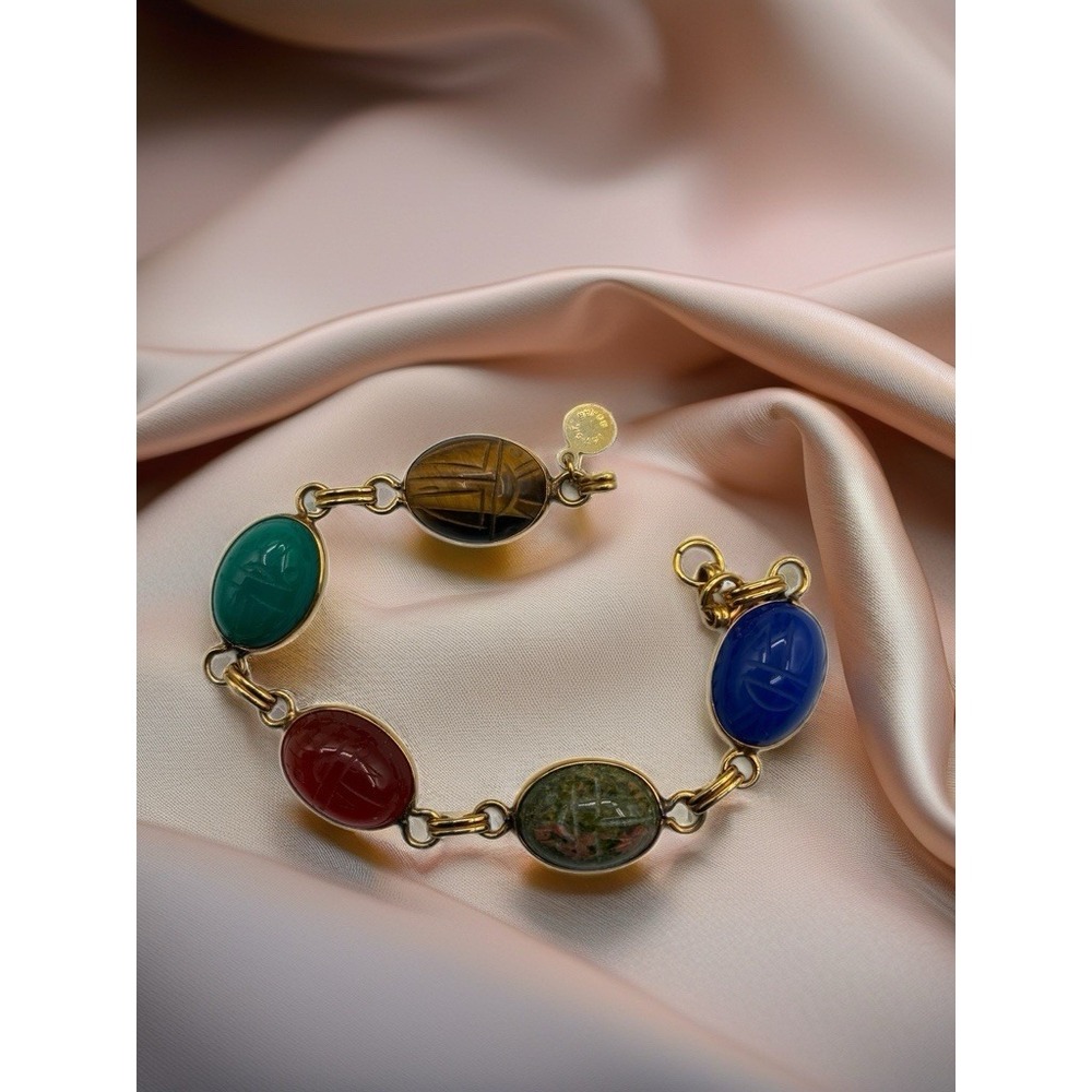 BOJAR  Egyptian Revival Scarab 14K GF  Semi Precious Gemstone Bracelet ~6.5"